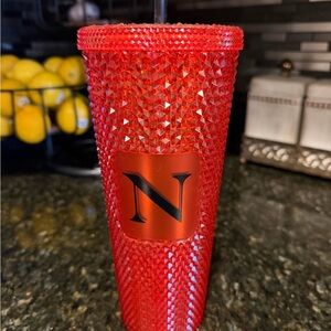 Starbucks Red Studded Tumbler with the bold letter N.